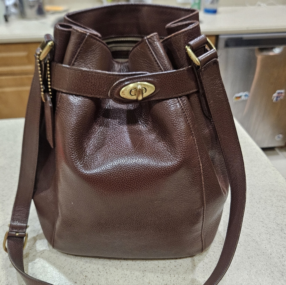 Coach Brown Leather Drawstring Crossbody Bag with Gold Hardware